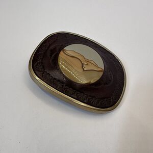 Vintage Western Belt Buckle Solid Brass Leather Inlay Taiwan